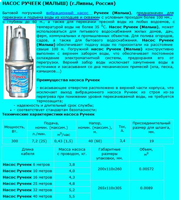 Погружной насос малыш: технические характеристики
